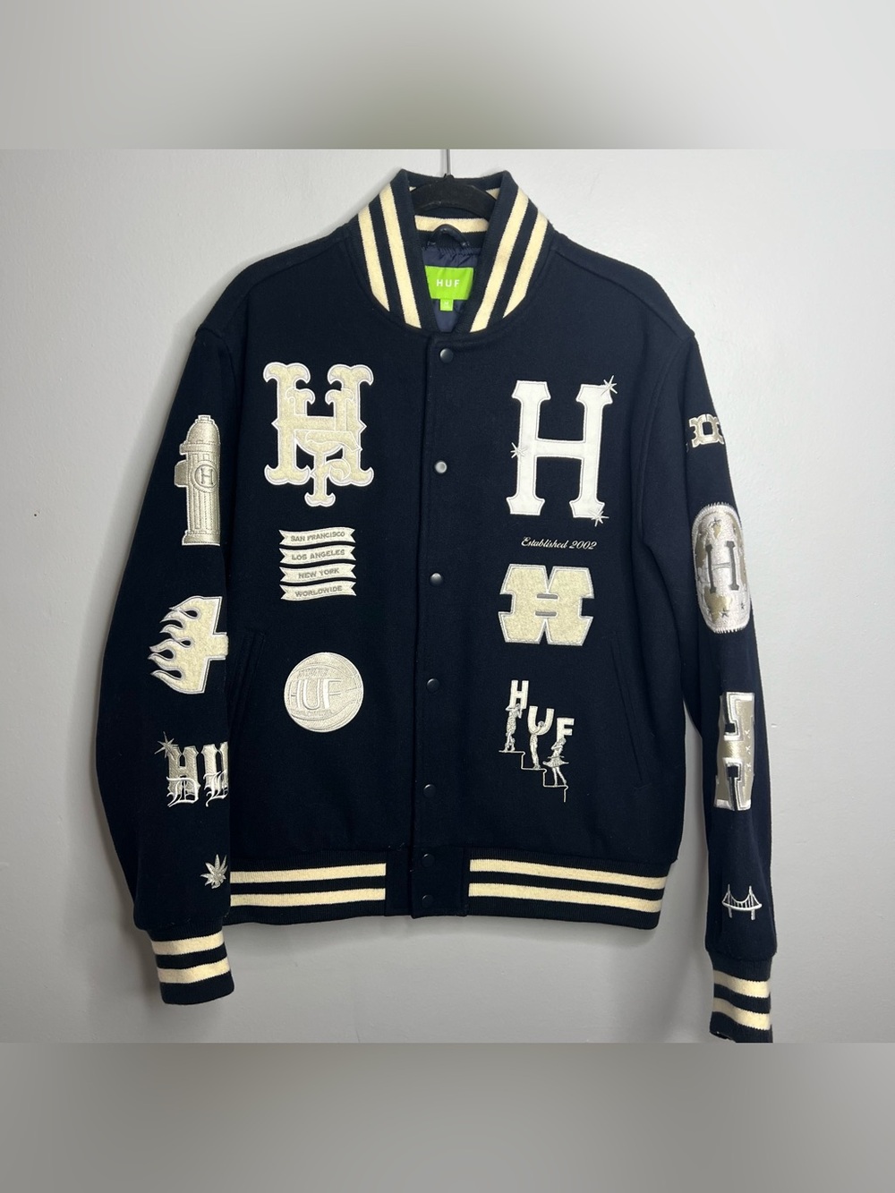 HUF 20 Year Classic H Varsity Bomber Jacket Mens Medium Blue